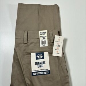 NEW DOCKERS Chino Pants 34x32 Beige Signature Khaki Straight Pleated Stretch